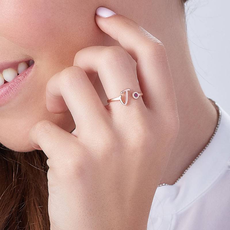 18K Rose Gold Plated Open Initial Birthstone Ring-2 product photo