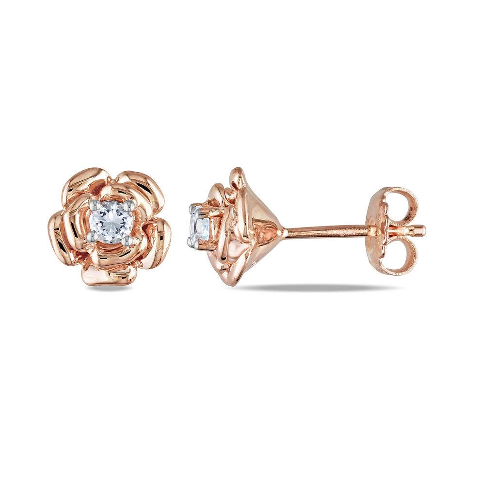 3.0mm Lab-Created White Sapphire Rose Flower Stud Earrings in Rose Gold Plated Sterling Silver-4 product photo
