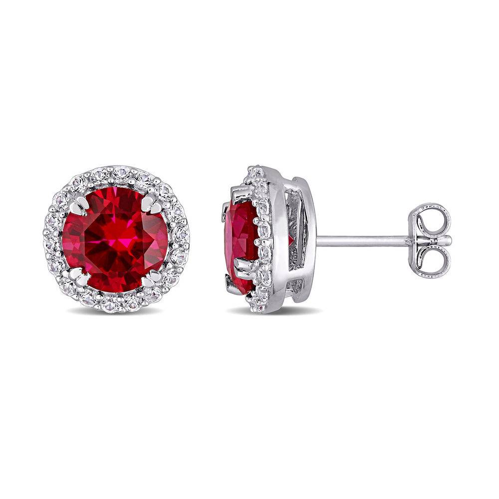 8.0mm Lab-Created Ruby and White Sapphire Frame Stud Earrings in product photo