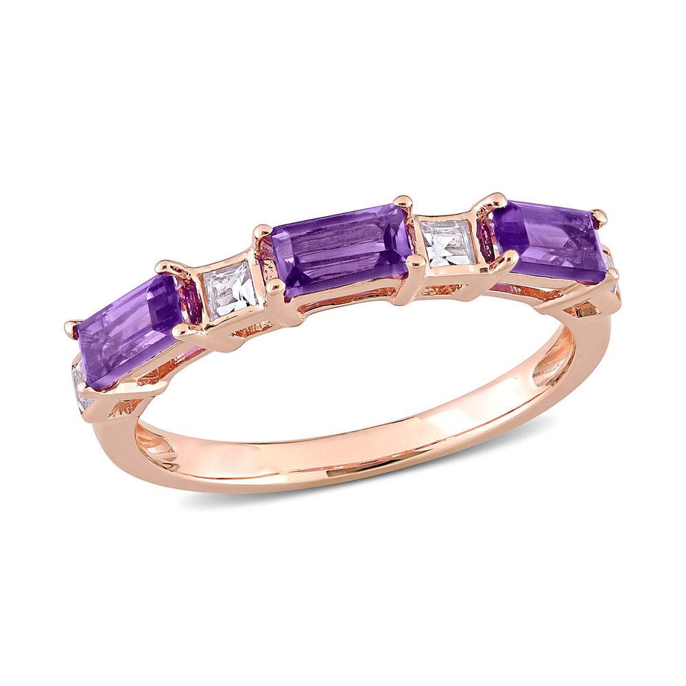 Baguette Ring with Amethyst and White Topaz Gemstones in 10k Rose Gold product photo