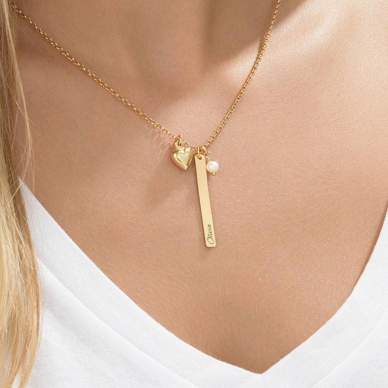 Bar Necklace with heart charm and pearl in Gold Plating-3 product photo