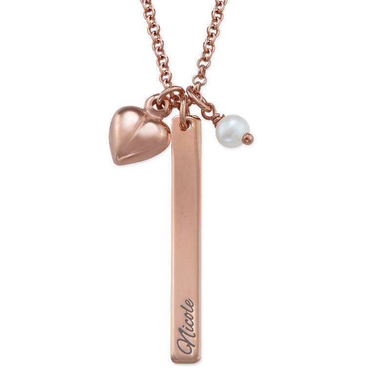 Bar Necklace with heart charm and pearl in Rose Gold Plating-1 product photo