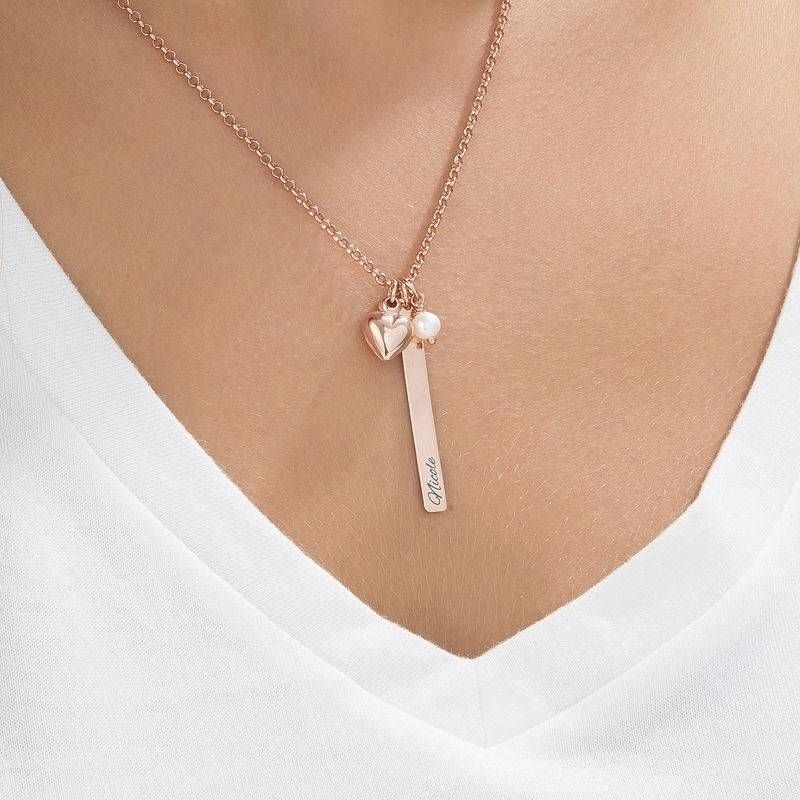 Bar Necklace with heart charm and pearl in Rose Gold Plating-3 product photo