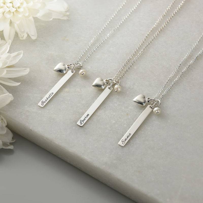 Bar Necklace with heart charm and pearl in Silver product photo