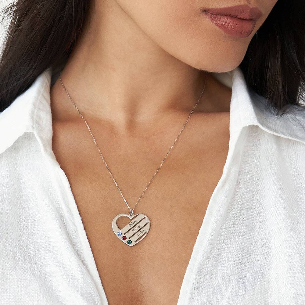 Birthstone Heart Necklace with Engraved Names in 14ct White Gold-1 product photo