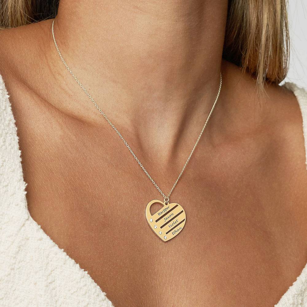 Collana Diamond con pietra natale a forma di cuore e nomi incisi placcata in oro 18k-3 foto del prodotto