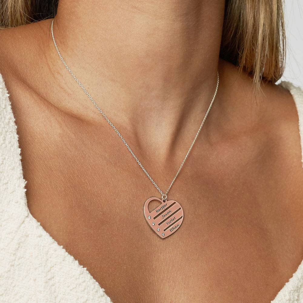 Collana Diamond con pietra natale a forma di cuore e nomi incisi placcata in oro rosa 18k-5 foto del prodotto