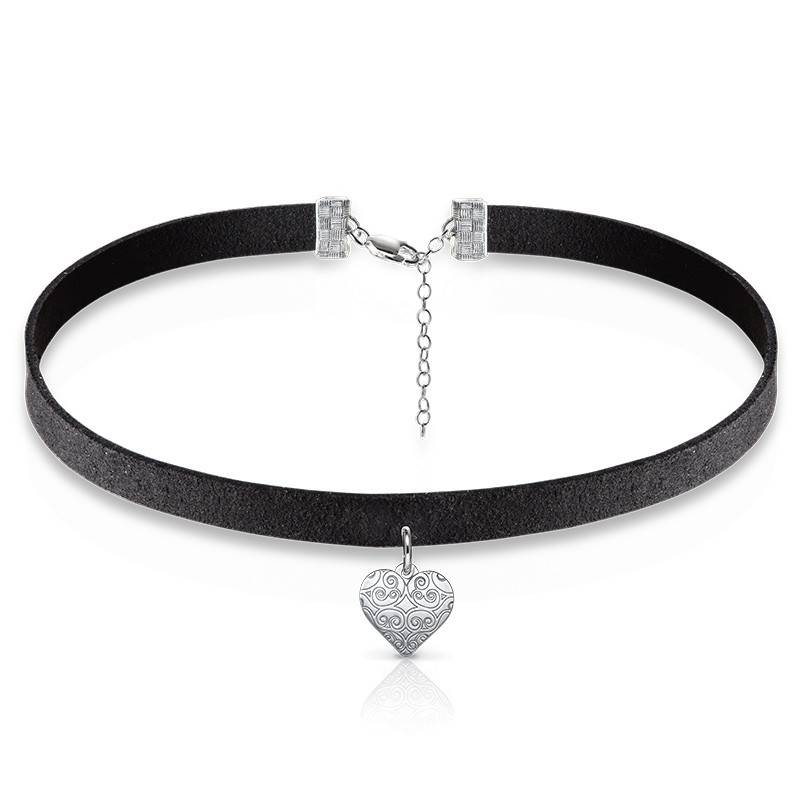 Black Choker Necklace with Heart Charm in Sterling Silver-1 product photo