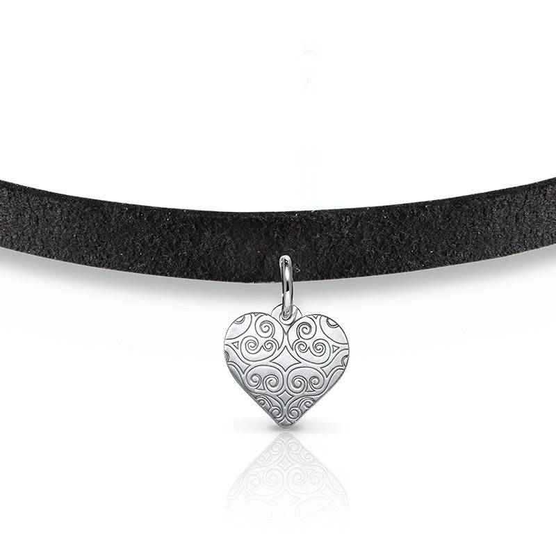 Black Choker Necklace with Heart Charm in Sterling Silver-2 product photo