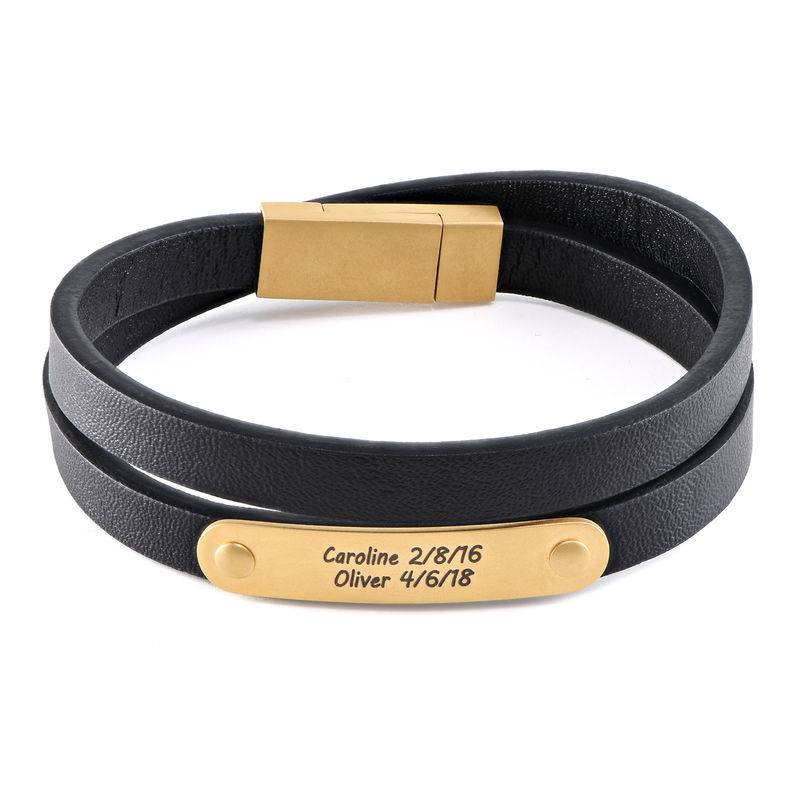 Black Leather Bracelet with Engraved Bar in 18ct Gold Plating product photo