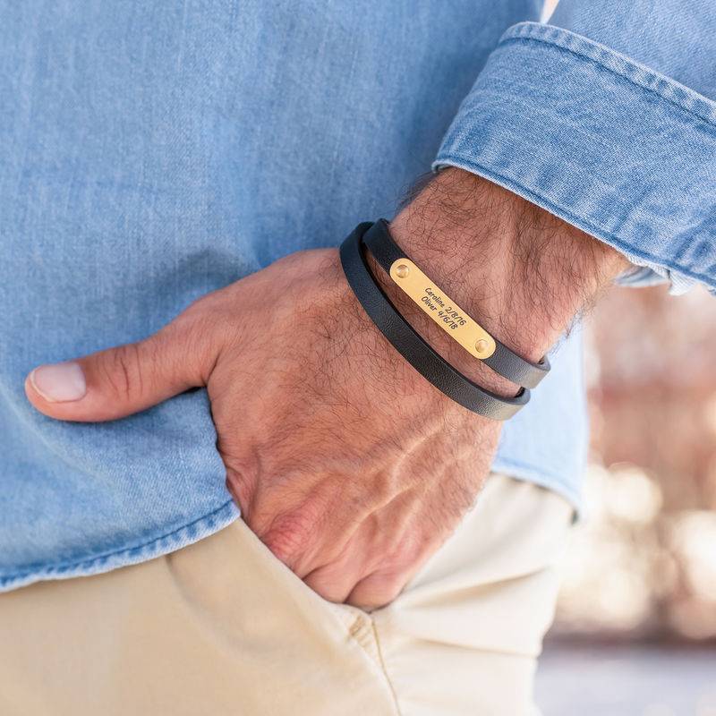 Black Leather Bracelet with Engraved Bar in 18ct Gold Plating-3 product photo