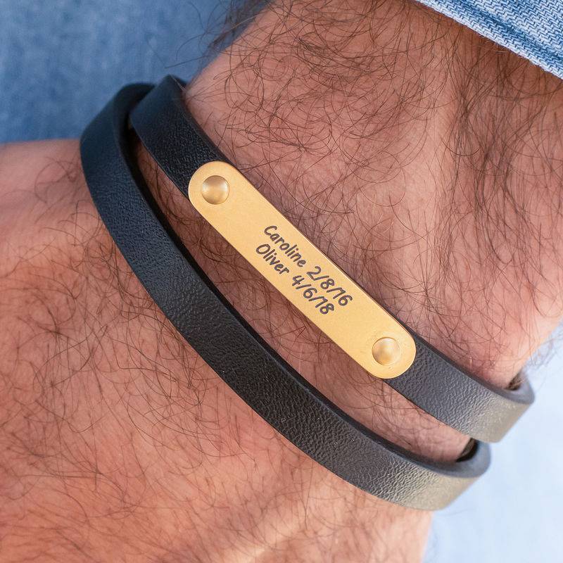 Black Leather Bracelet with Engraved Bar in 18ct Gold Plating-2 product photo