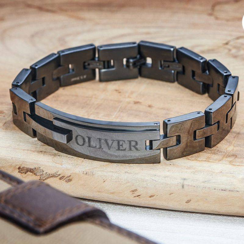 Black Men's Bracelet with Engraving in Stainless Steel-1 product photo