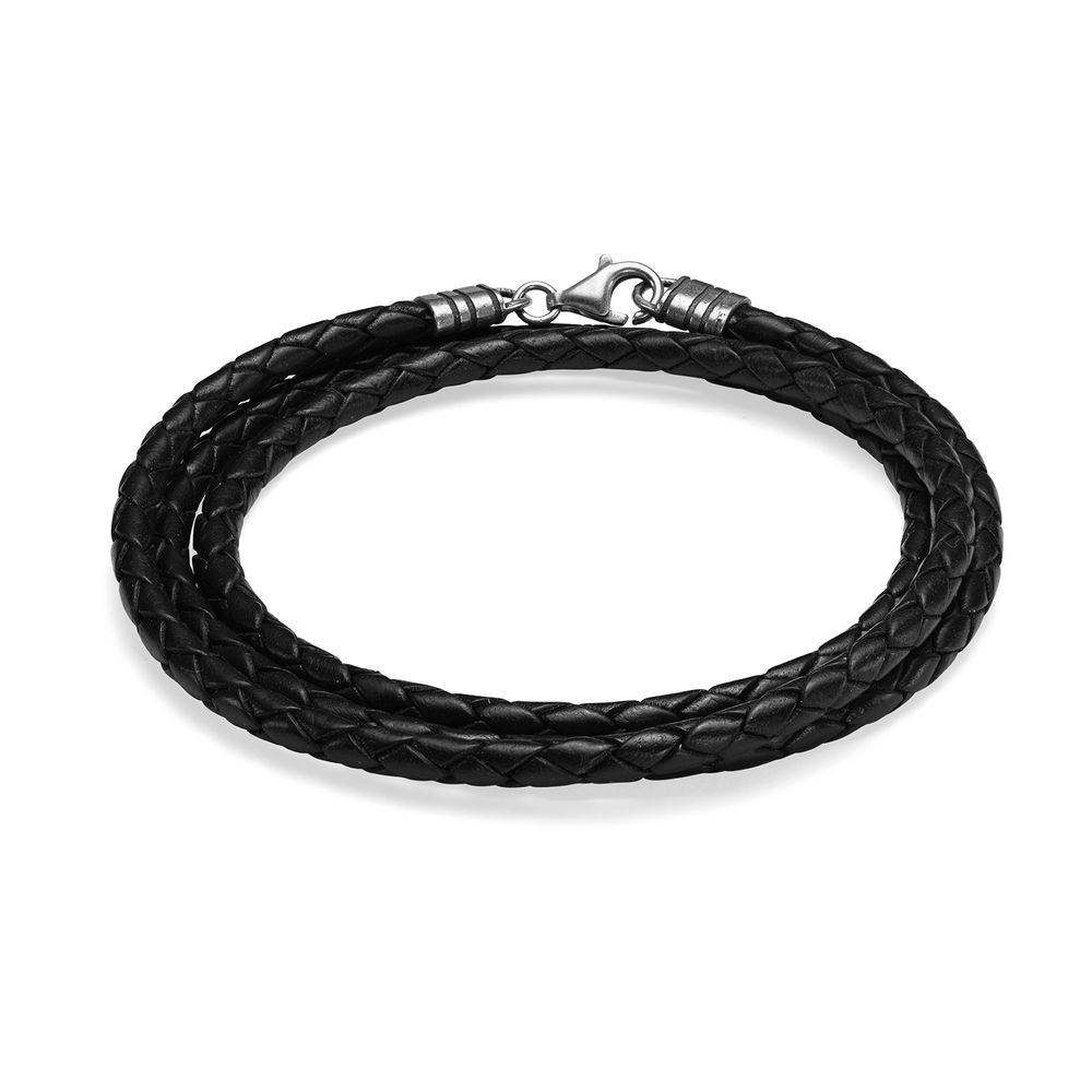 Braided Black Leather Bracelet in Sterling Silver product photo
