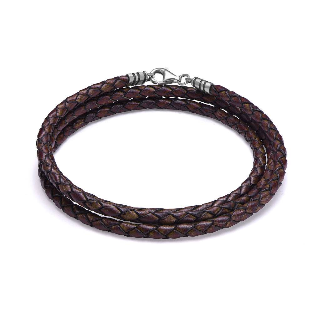 Flettet brun læderarmbånd til mænd i sølv produkt billede