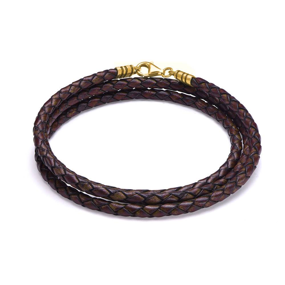 Braided Brown Leather Bracelet in 18ct Gold Plating-1 product photo