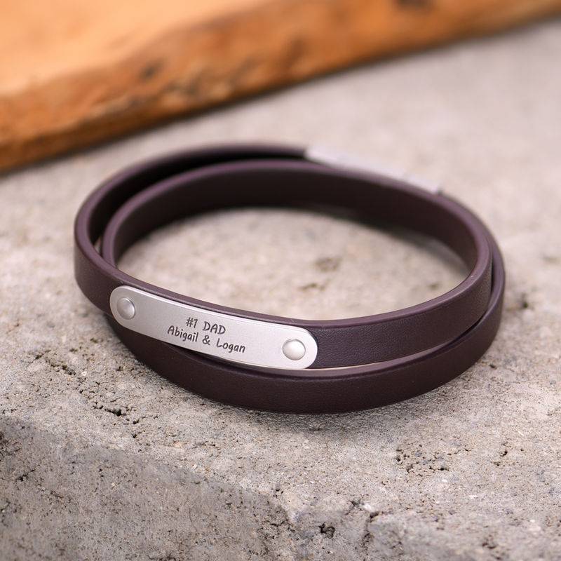 Brown Leather Bracelet with Engraved Bar-3 product photo