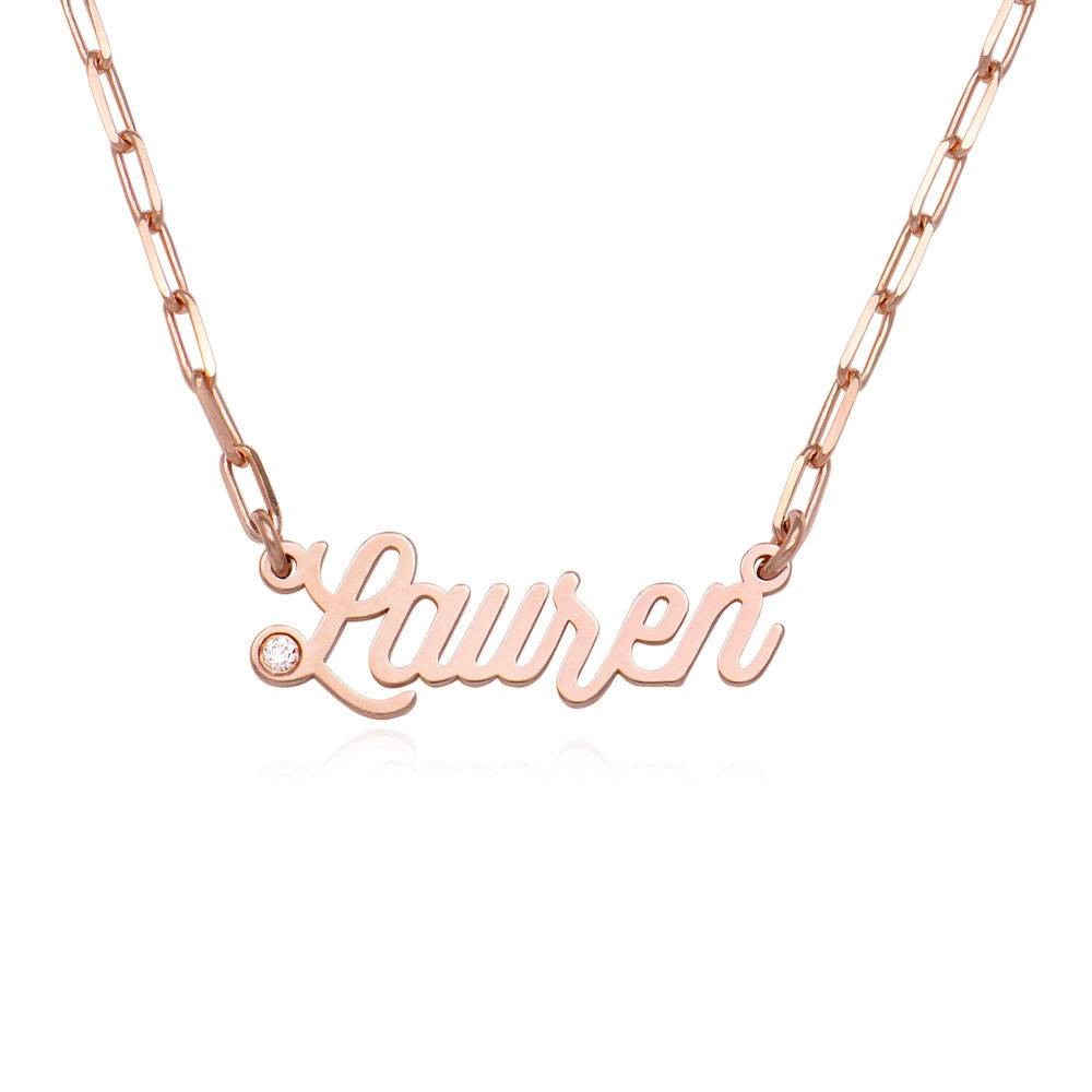 Paperclip collar con nombre cursiva con diamante chapado en oro rosa foto de producto