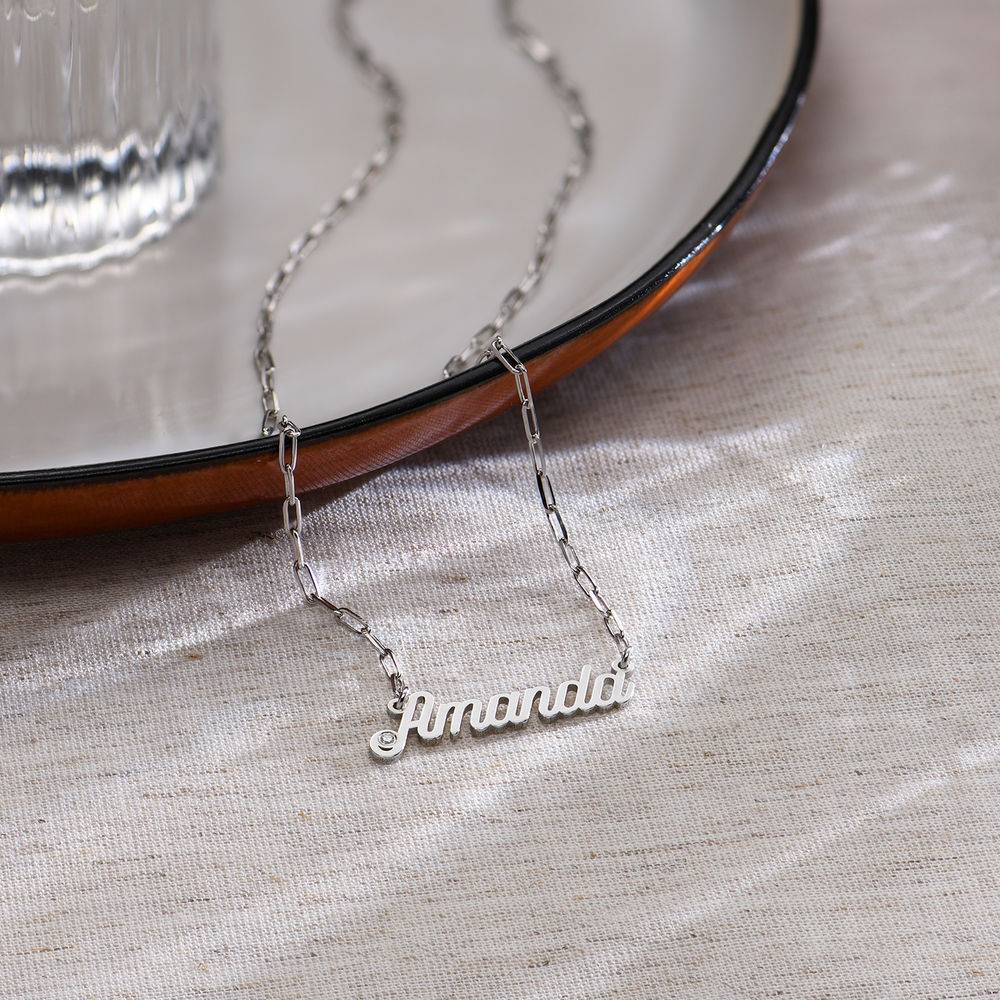 Paperclip collar con nombre cursiva con diamante en plata de ley-1 foto de producto