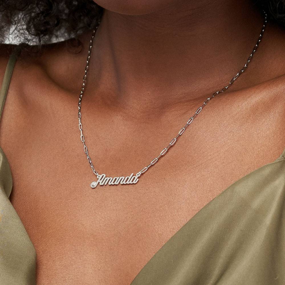 Paperclip collar con nombre cursiva con diamante en plata de ley-3 foto de producto
