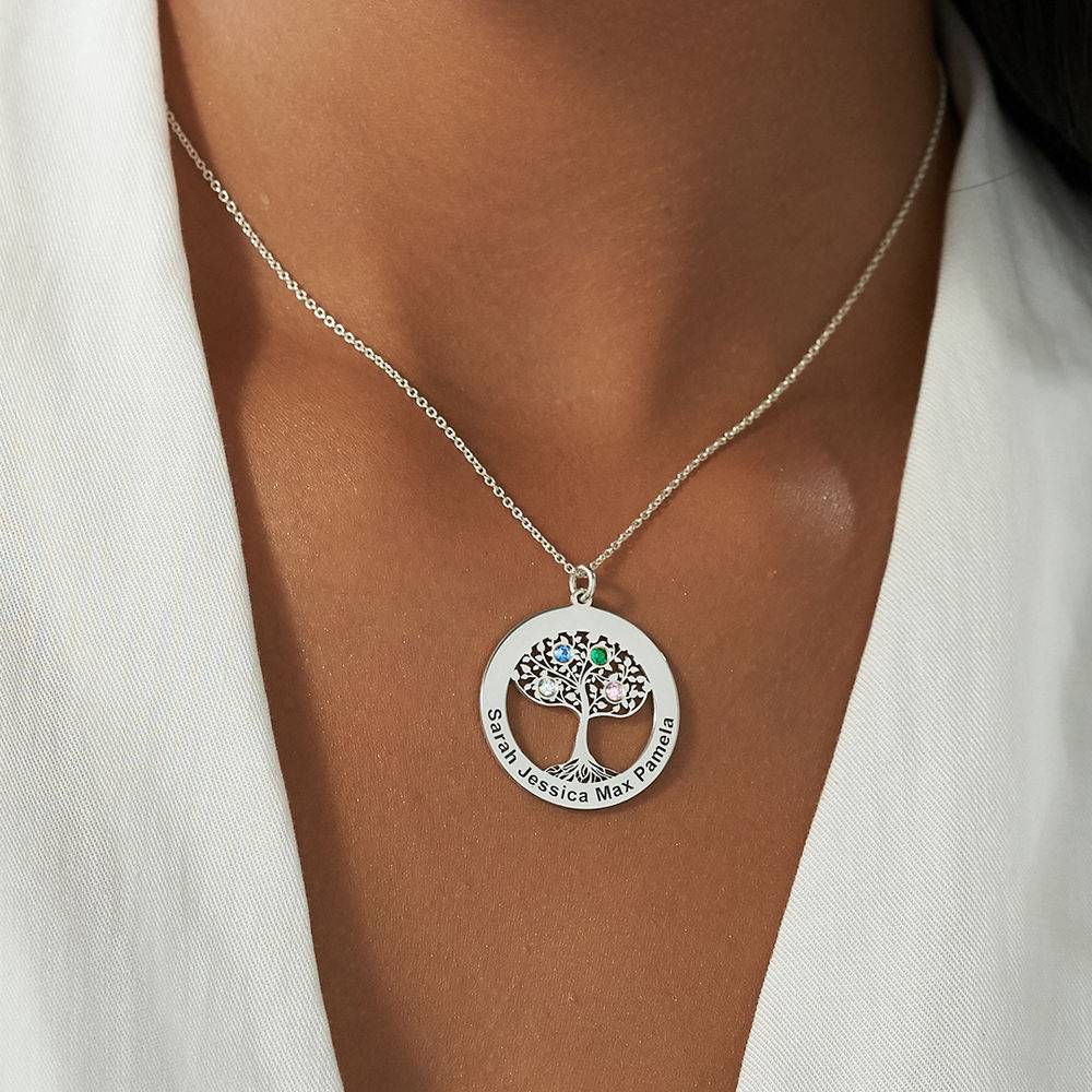 Circle Tree of Life Necklace with Birthstones in Sterling Silver-4 product photo