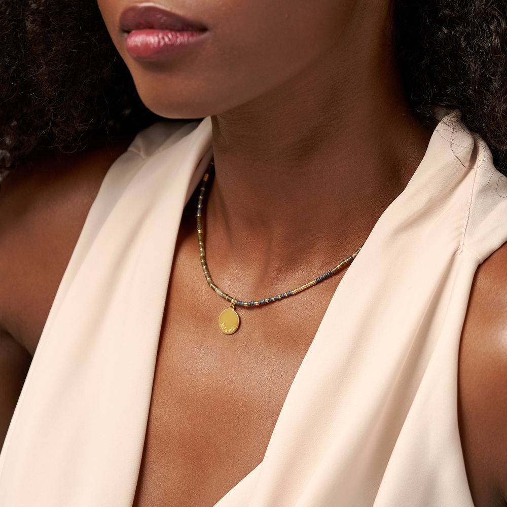 Cocoa Beads Necklace with Engraved Pendant in 18ct Gold Plating-4 product photo