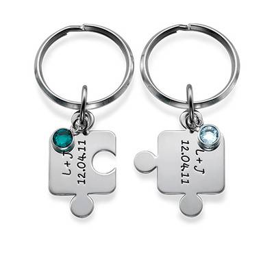Couple's Puzzle Keyring Set with Crystal in Sterling Silver-7 product photo