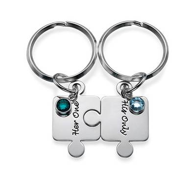 Couple's Puzzle Keyring Set with Crystal in Sterling Silver-1 product photo