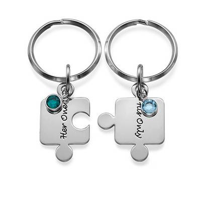 Couple's Puzzle Keyring Set with Crystal in Sterling Silver-5 product photo