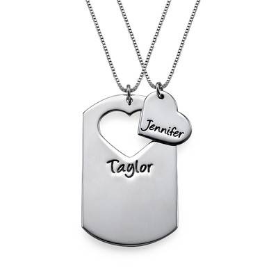 Couples Dog Tag Necklace with Cut Out Heart in Sterling Silver product photo