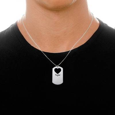 Couples Dog Tag Necklace with Cut Out Heart in Sterling Silver-1 product photo