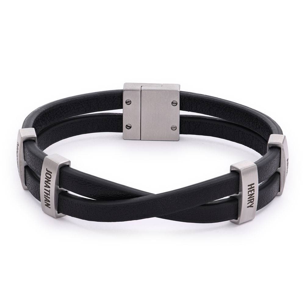 Criss-Cross Men Leather Bracelet with Engravings in Stainless Steel-2 product photo