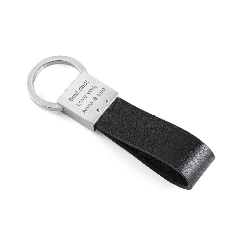 Custom Black Leather Strap keyring in Stainless Steel product photo