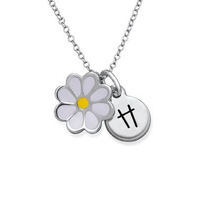 Enamel Flower Necklace for Kids with Initial Charm in Sterling Silver-3 product photo