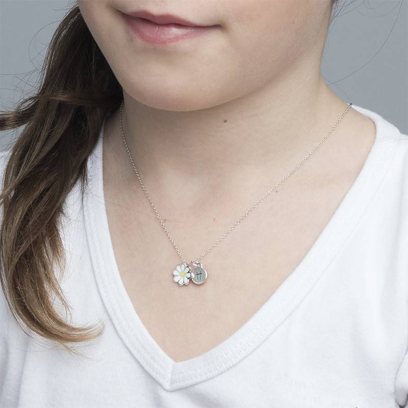 Enamel Flower Necklace for Kids with Initial Charm in Sterling Silver-2 product photo