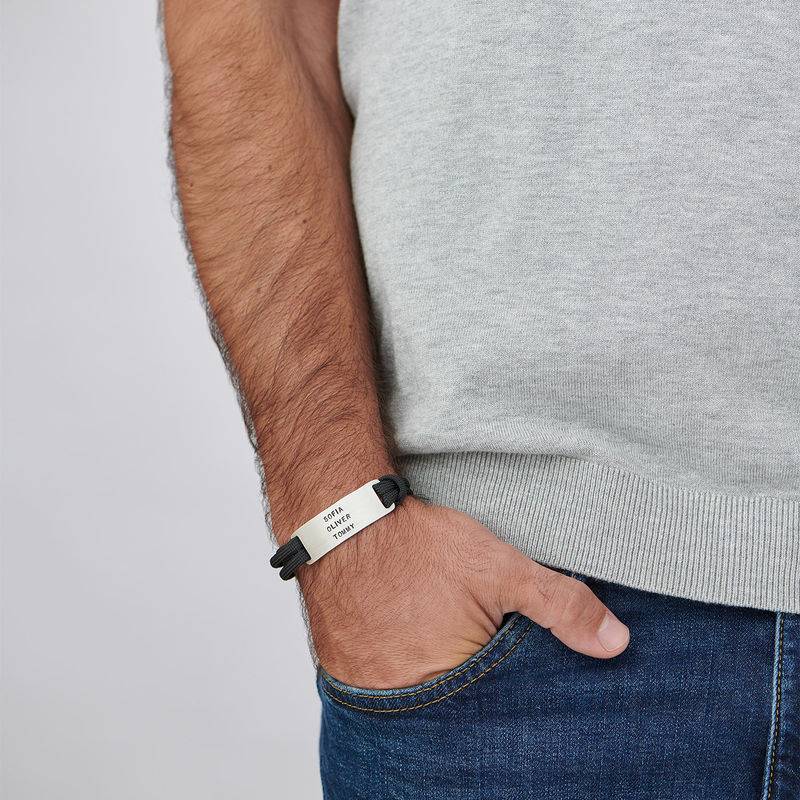 Engraved Bar Cord Bracelet For Men in Sterling Silver-5 product photo