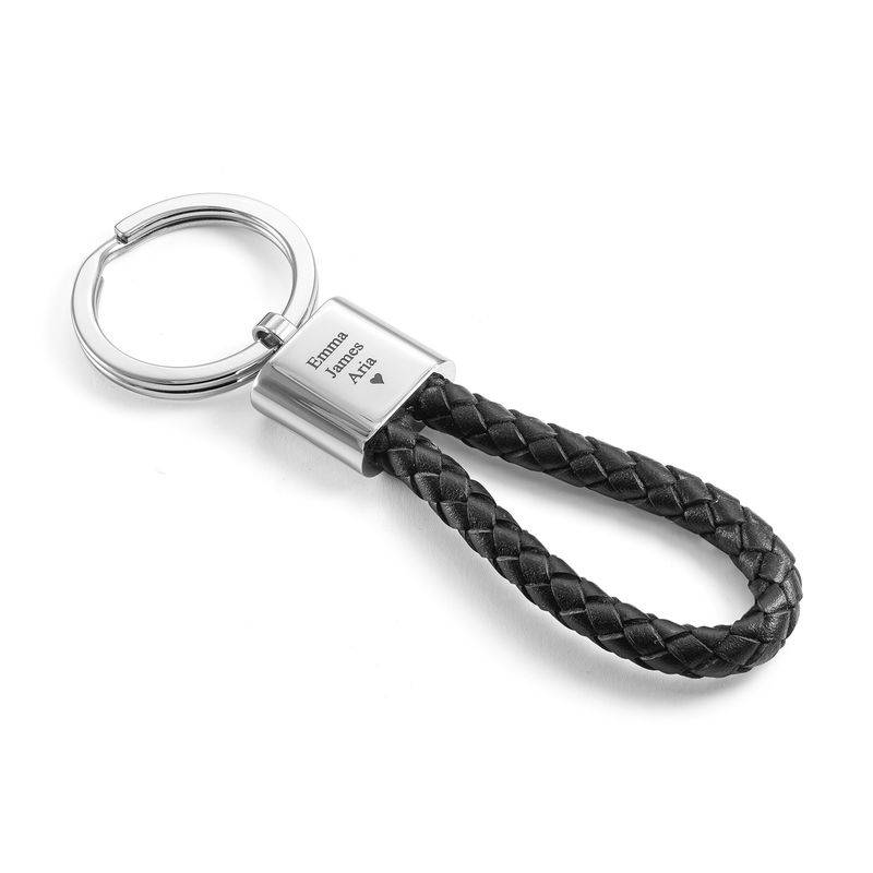 Engraved Black Leather Rope keyring in Stainless Steel-2 product photo