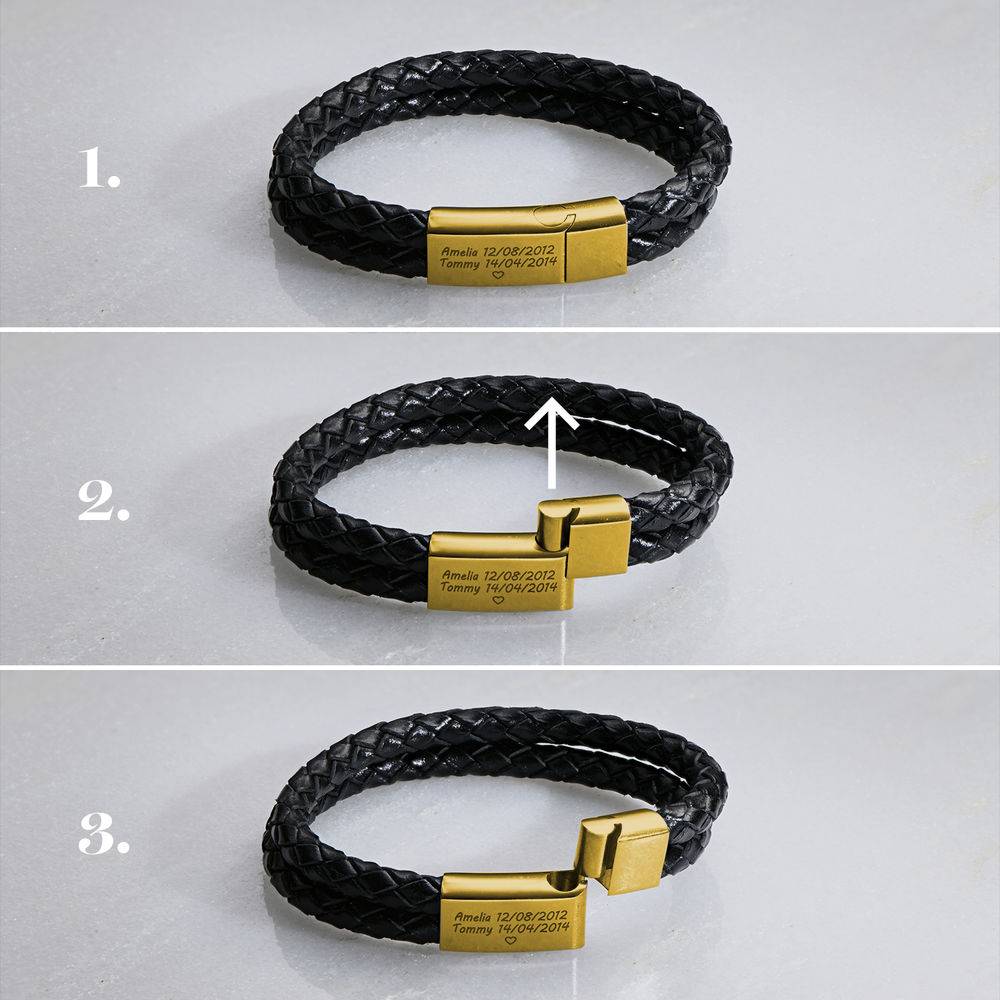 Black Leather Explorer Bracelet for Men in 18ct Gold Plated Stainless Steel-3 product photo