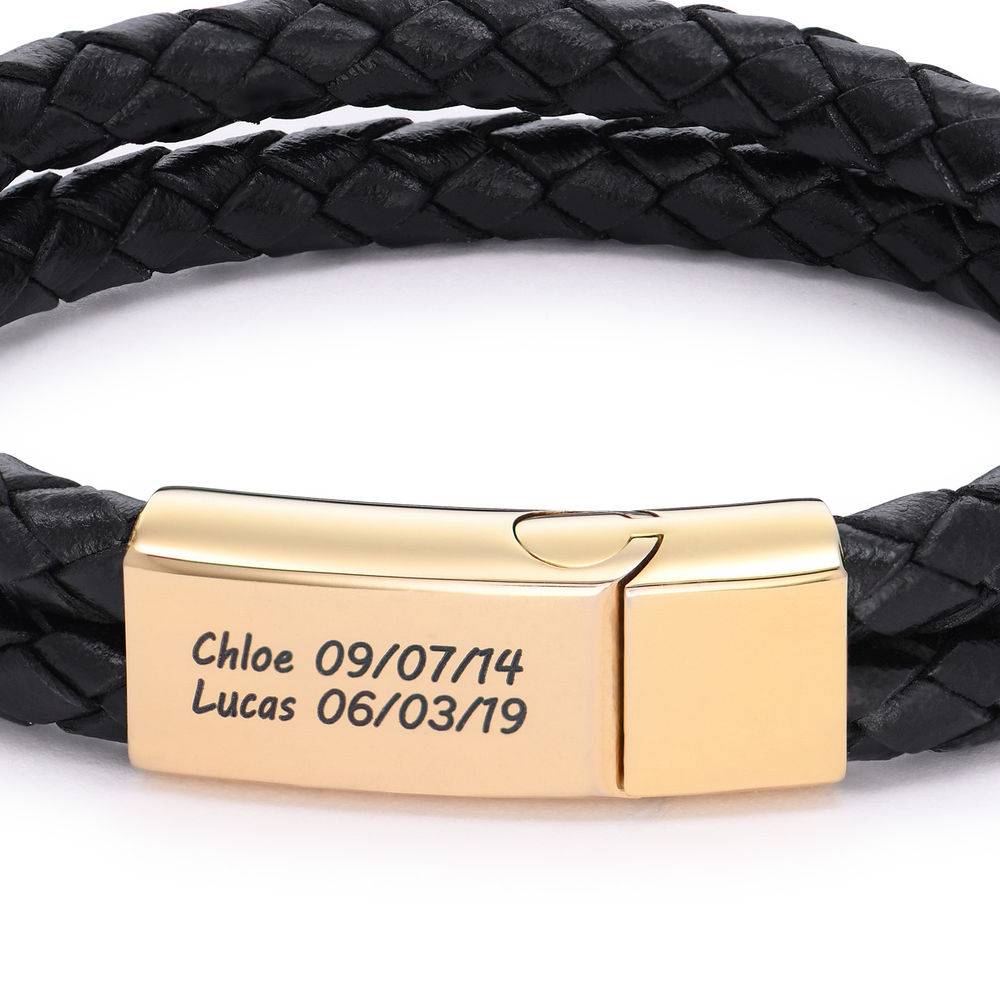 Black Leather Explorer Bracelet for Men in 18ct Gold Plated Stainless Steel-5 product photo