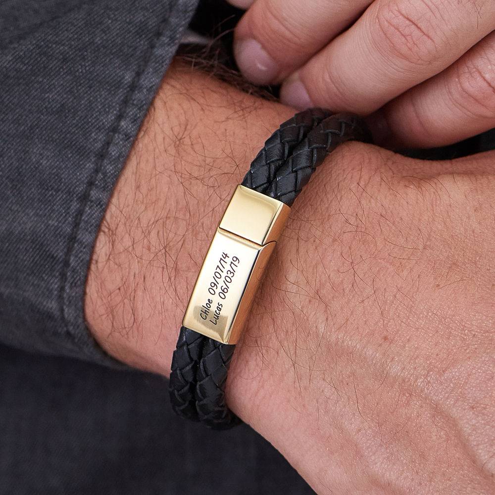 Black Leather Explorer Bracelet for Men in 18ct Gold Plated Stainless Steel-1 product photo