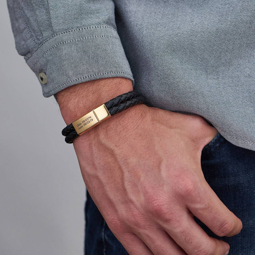 Black Leather Explorer Bracelet for Men in 18ct Gold Plated Stainless Steel-4 product photo