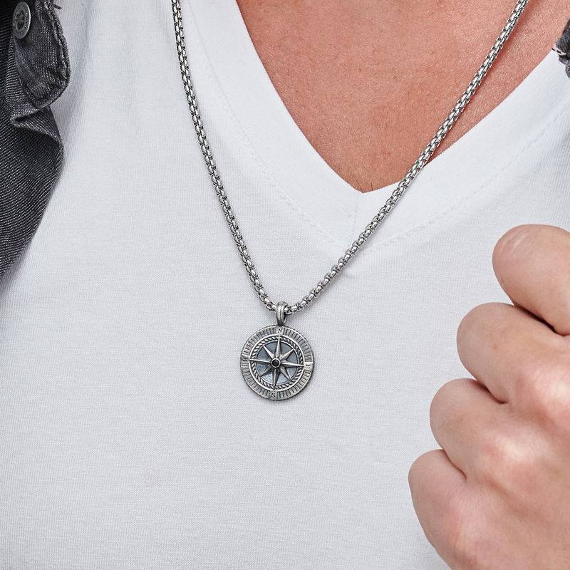 Engraved Compass Pendant Necklace for Men in Sterling Silver-4 product photo