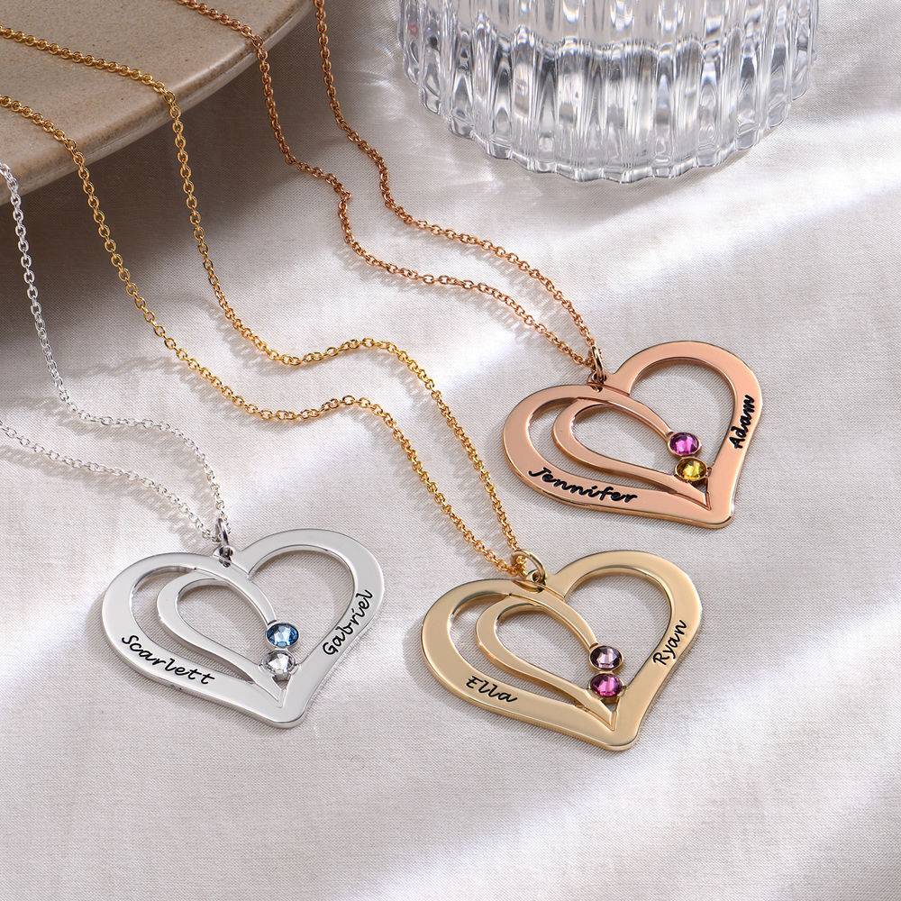 Hjerte halskæde med gravering og fødselssten i rosaforgyldt sølv-2 produkt billede