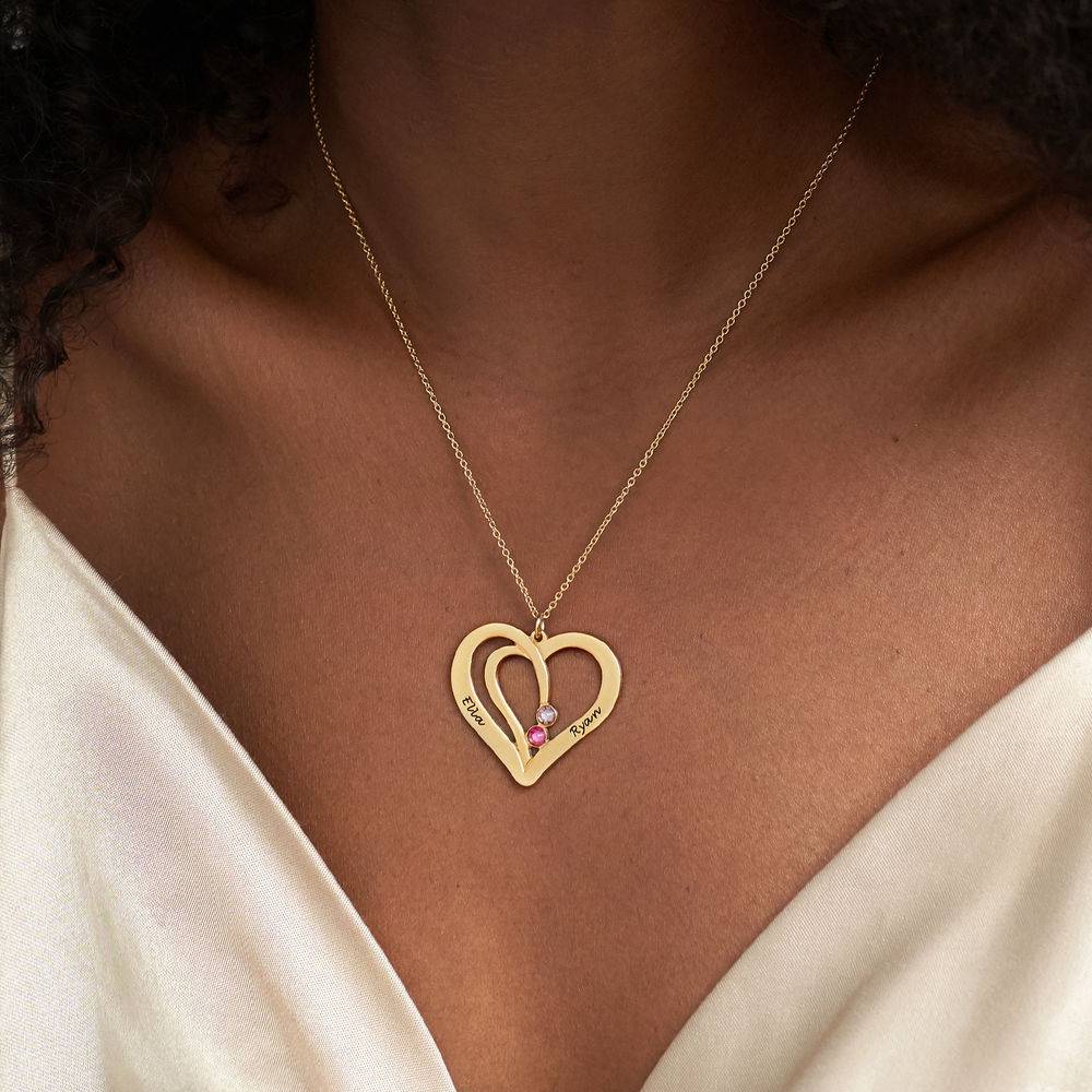 Engraved Couples Heart Birthstone Necklace in 18ct Gold Vermeil-4 product photo