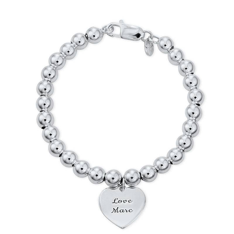 Engraved Heart Charm Beaded Bracelet in Sterling Silver-3 product photo