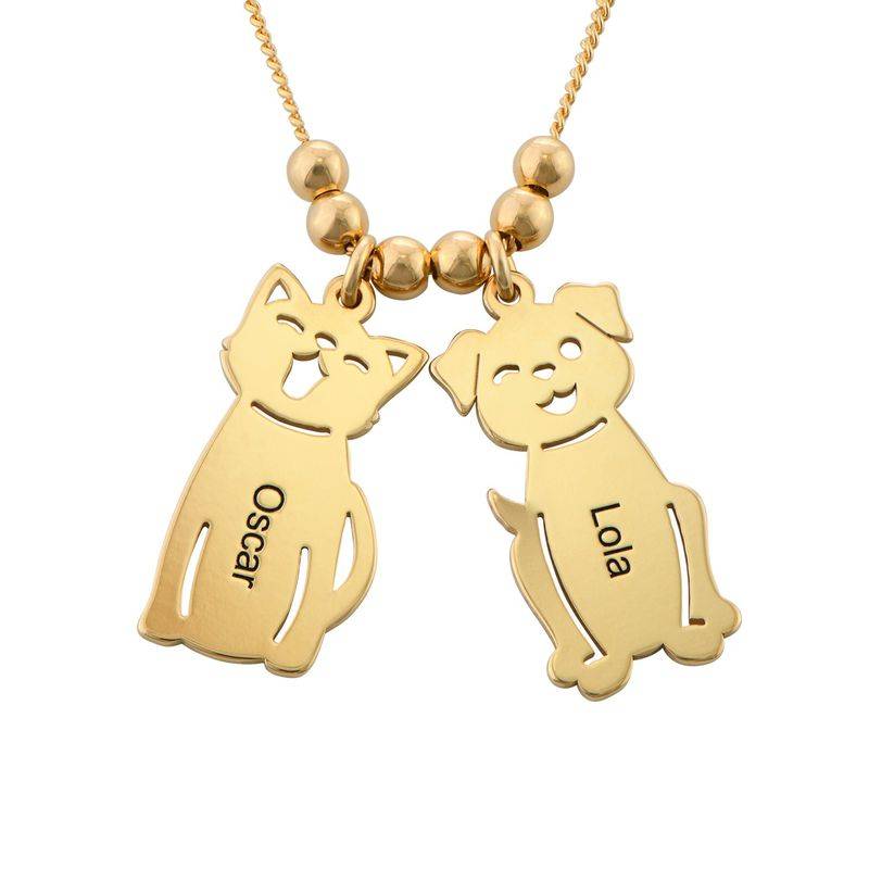 Graverat halsband med katt och hund berlock i guldpläterad-1 produktbilder