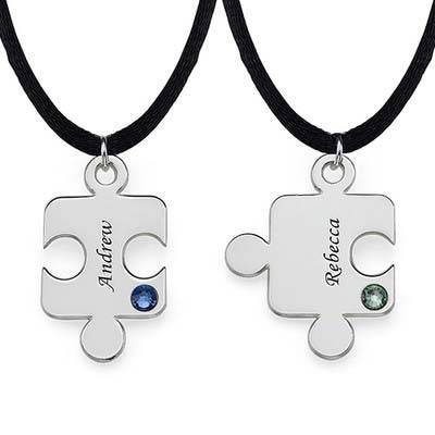 Engraved Puzzle Necklace for Couples with Birthstone in Sterling Silver-1 product photo