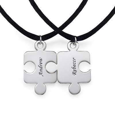 Engraved Puzzle Necklace for Couples with Birthstone in Sterling Silver-2 product photo