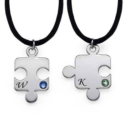 Engraved Puzzle Necklace for Couples with Birthstone in Sterling Silver-3 product photo