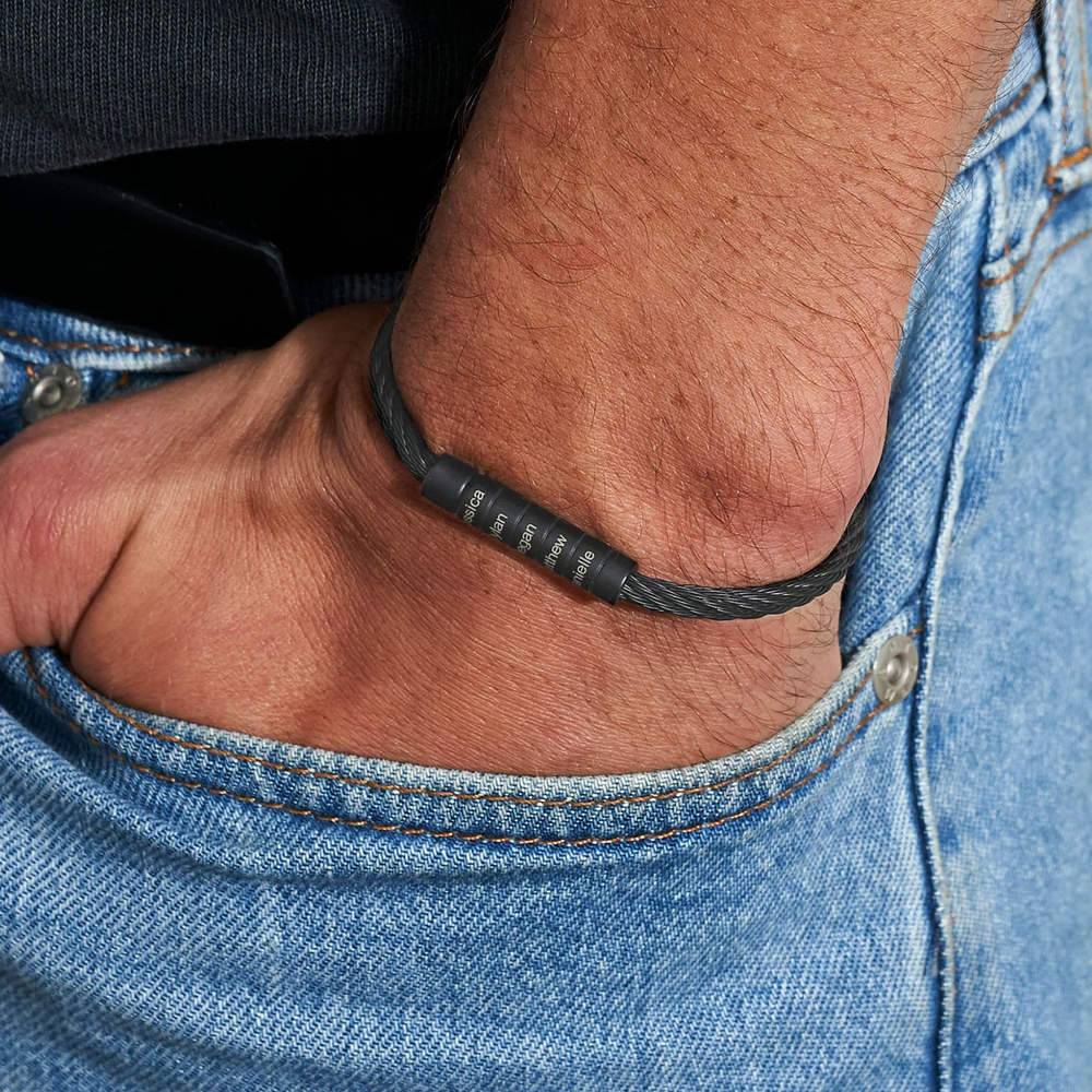 Pulsera de hombre con cable trenzado grabado en acero inoxidable negro-4 foto de producto